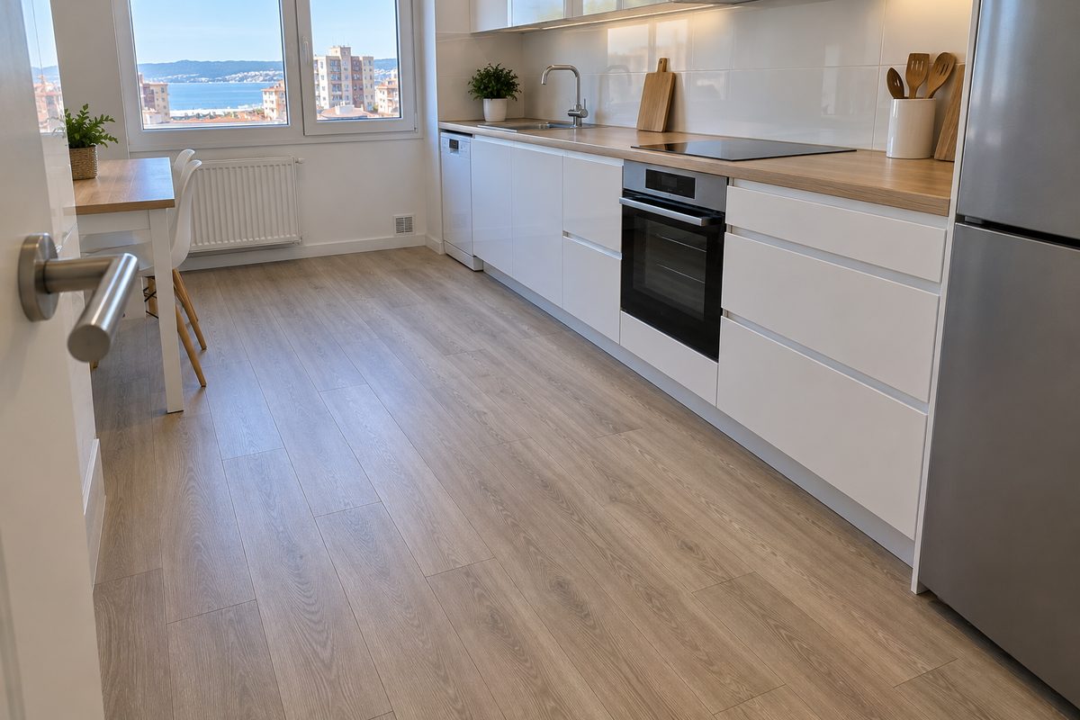 Cocina con suelo vinílico gris roble y vistas al mar